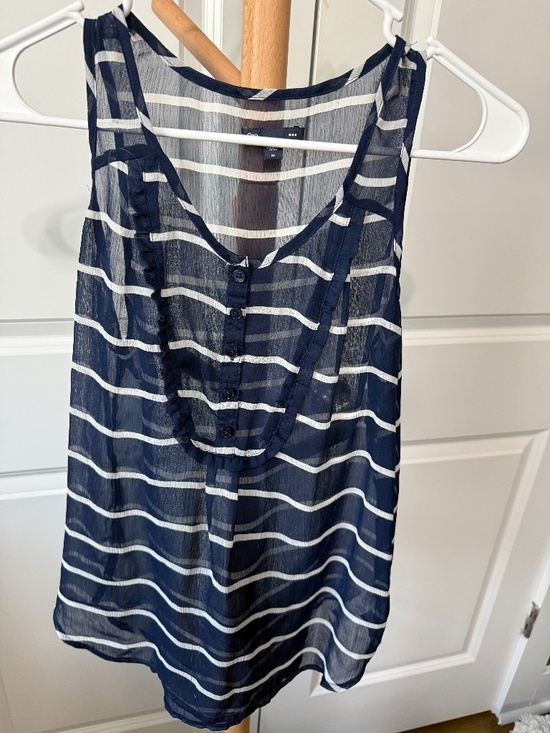 GAP Tops - Gap Navy & White Striped Sheer Sleeveless Blouse Top Ruffle Detail Size M